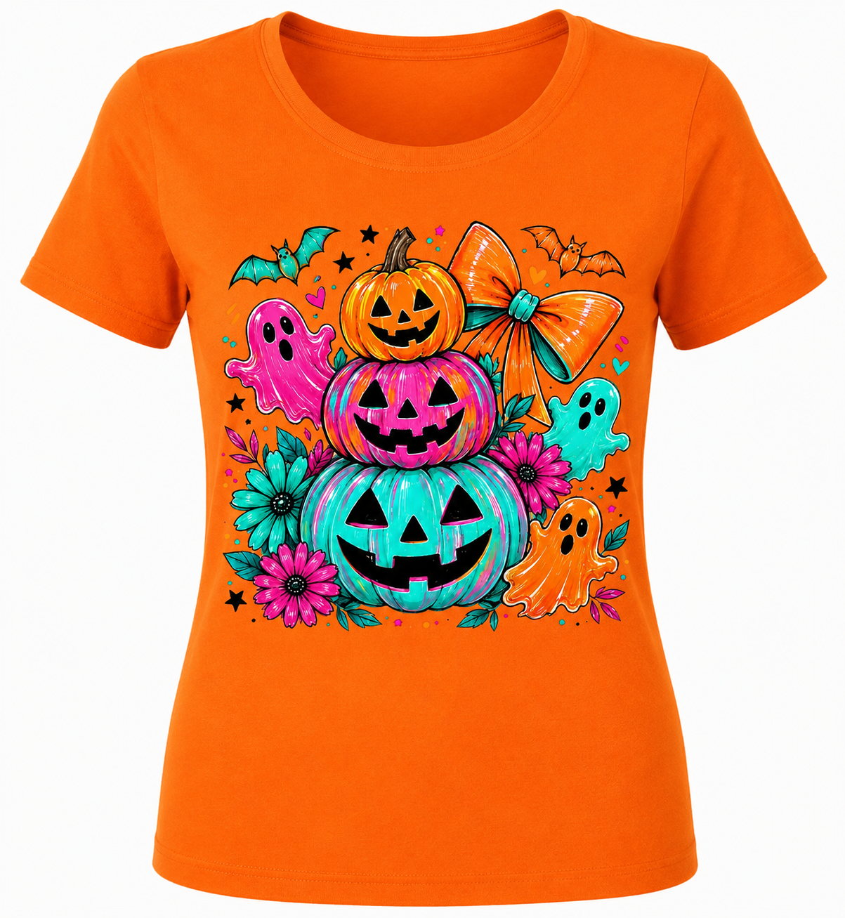 Stacked pumpkins, ghost, bats - 1083