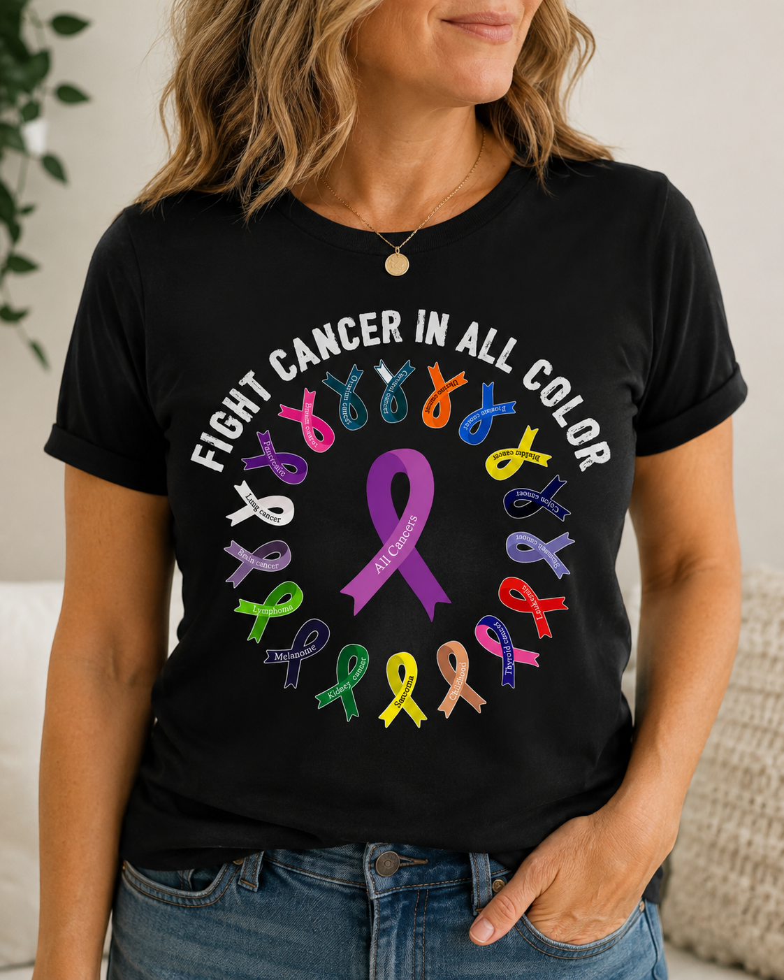 Fight Cancer in all colors Circle with names - 1062- Placed on your shirt of choice